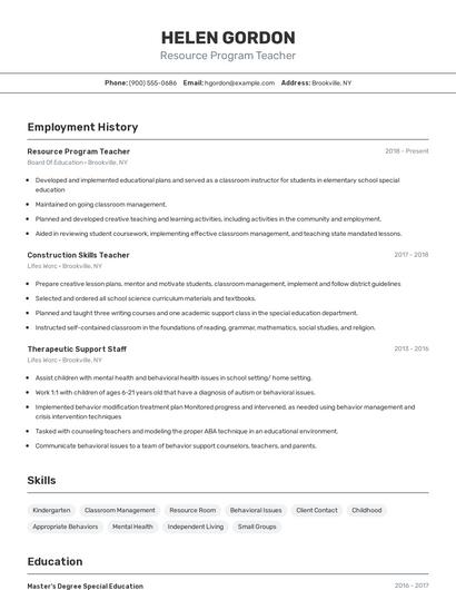 Resource Program Teacher Resume