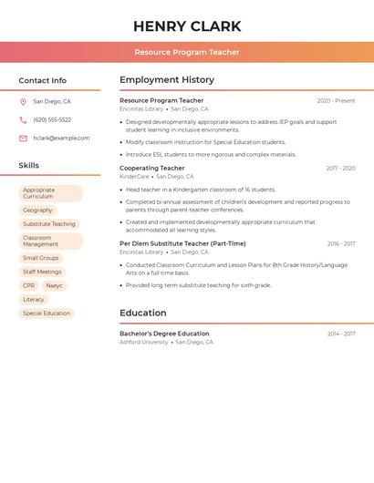 Resource Program Teacher Resume