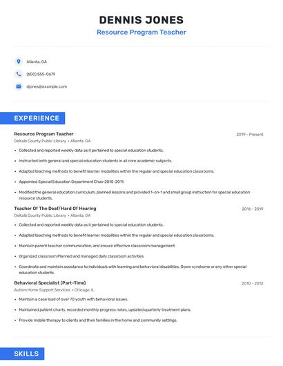 Resource Program Teacher Resume