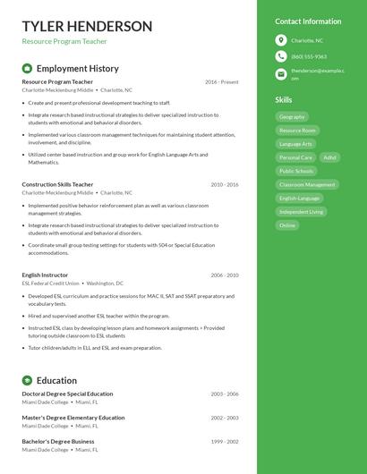 Resource Program Teacher Resume