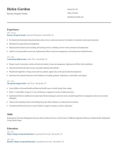 Resource Program Teacher Resume
