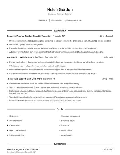 Resource Program Teacher Resume