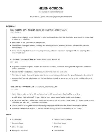 Resource Program Teacher Resume