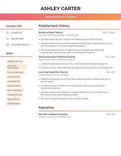 Resource Room Teacher Resume