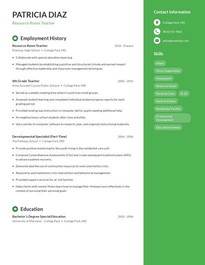 Resource Room Teacher Resume
