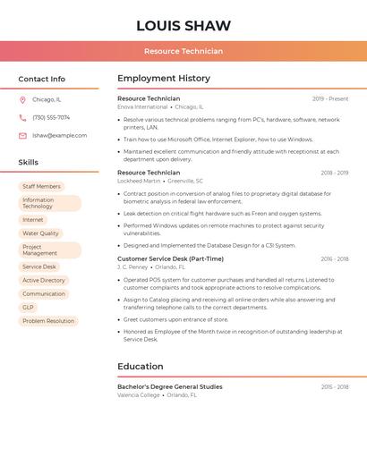 Resource Technician Resume