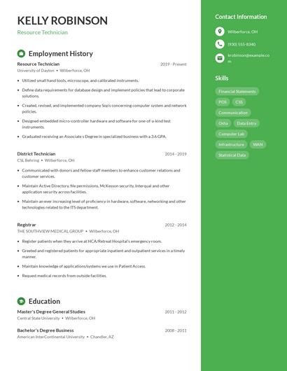 Resource Technician Resume