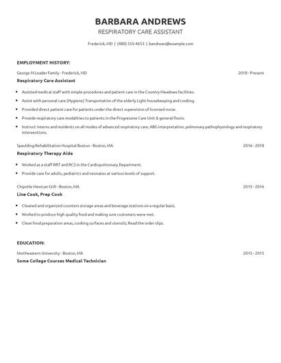 Respiratory Care Assistant Resume