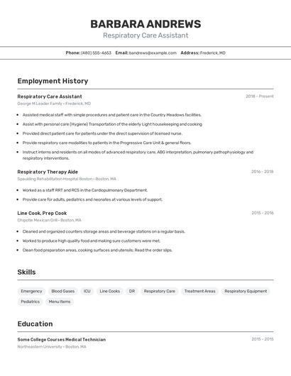 Respiratory Care Assistant Resume