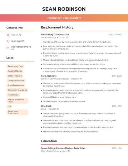 Respiratory Care Assistant Resume