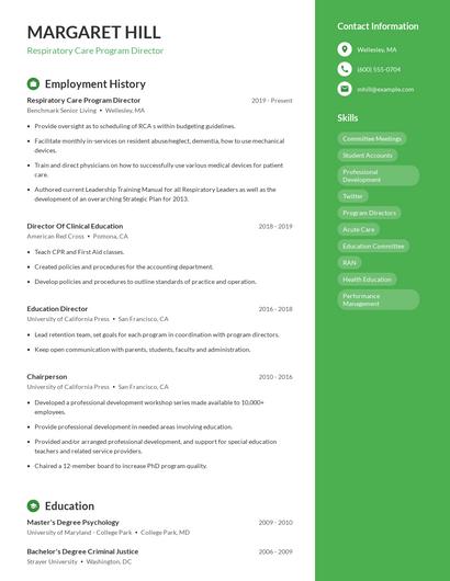 Respiratory Care Program Director Resume