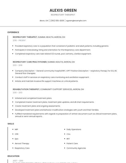 Respiratory Therapist Resume