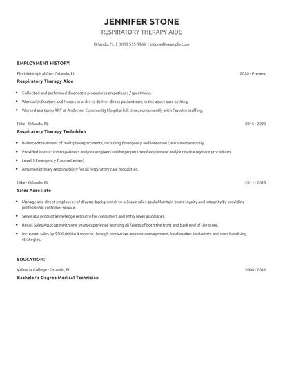 Respiratory Therapy Aide Resume