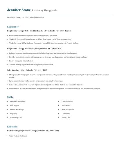 Respiratory Therapy Aide Resume