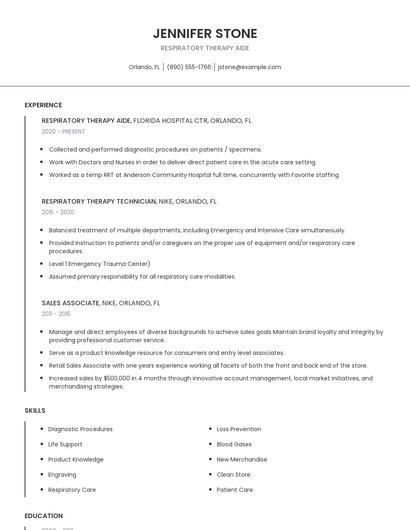 Respiratory Therapy Aide Resume
