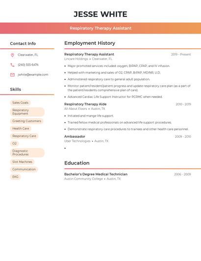Respiratory Therapy Assistant Resume