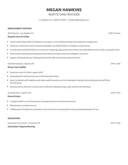 Respite Care Provider Resume
