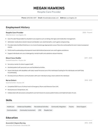 Respite Care Provider Resume