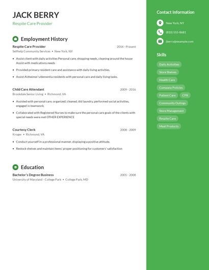 Respite Care Provider Resume
