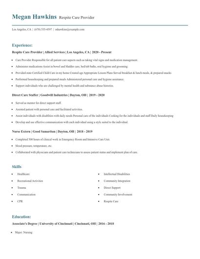 Respite Care Provider Resume