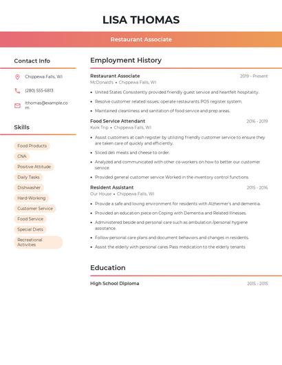 Restaurant Associate Resume