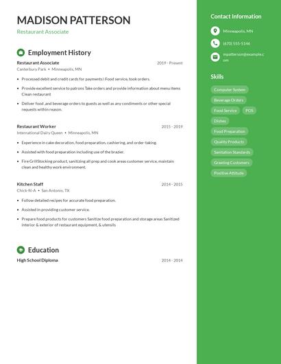 Restaurant Associate Resume