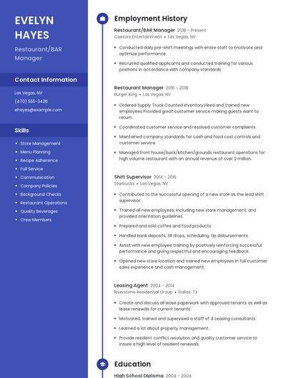 Restaurant/BAR Manager Resume