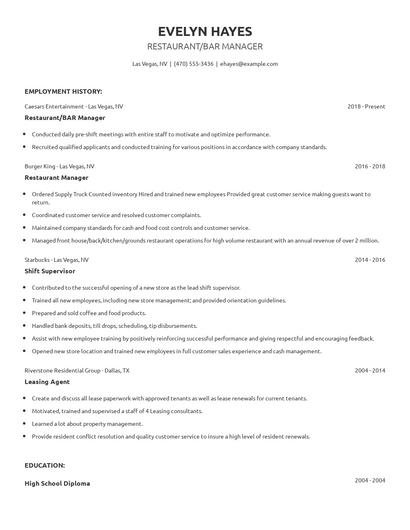 Restaurant/BAR Manager Resume