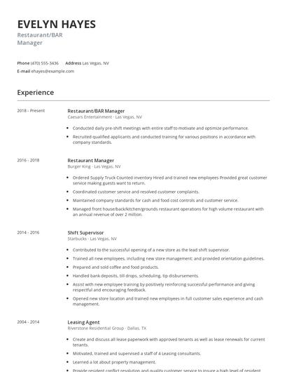 Restaurant/BAR Manager Resume