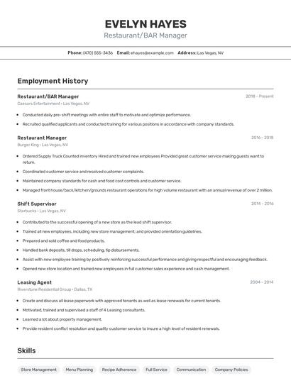 Restaurant/BAR Manager Resume