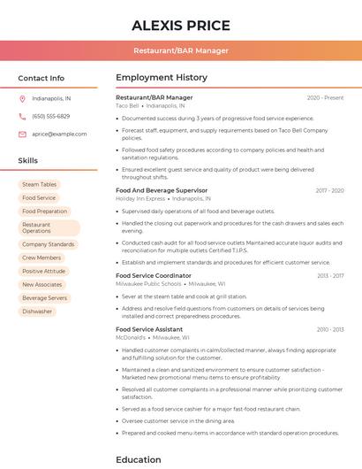 Restaurant/BAR Manager Resume