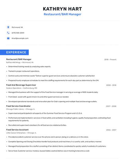 Restaurant/BAR Manager Resume