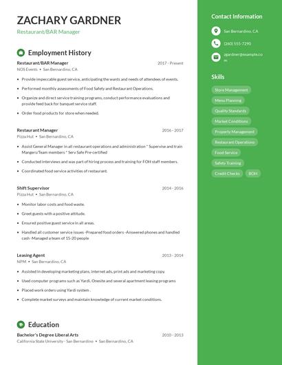 Restaurant/BAR Manager Resume