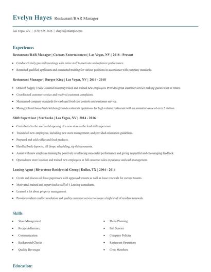 Restaurant/BAR Manager Resume