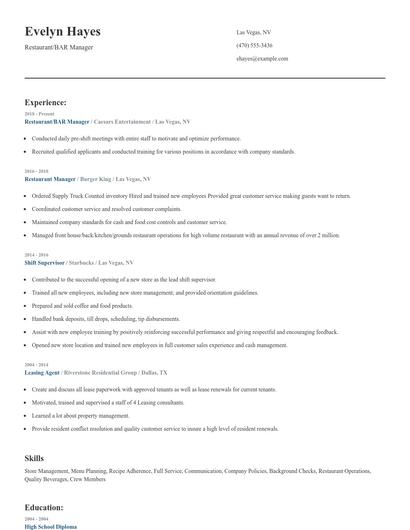 Restaurant/BAR Manager Resume