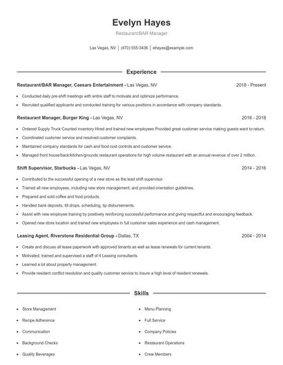 Restaurant/BAR Manager Resume