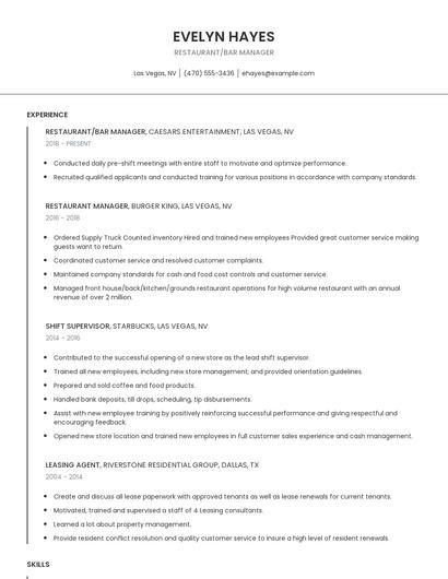 Restaurant/BAR Manager Resume