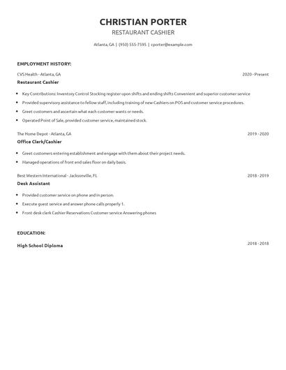 Restaurant Cashier Resume