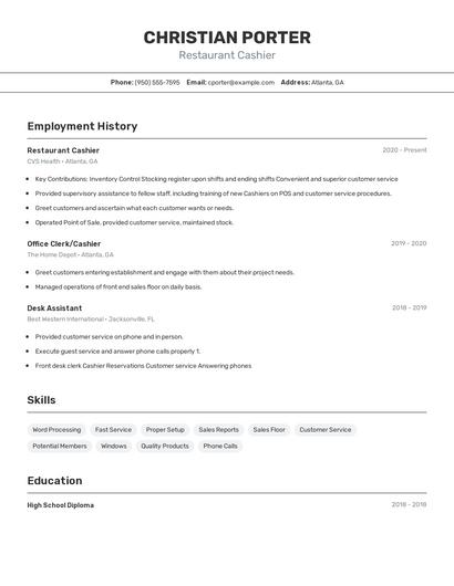 Restaurant Cashier Resume