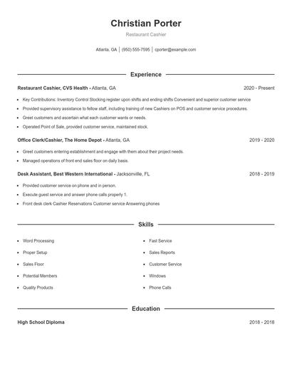 Restaurant Cashier Resume