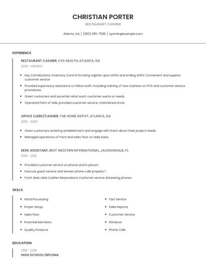 Restaurant Cashier Resume