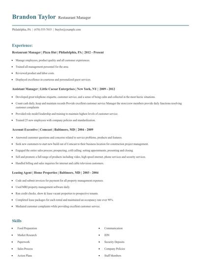 Restaurant Manager Resume