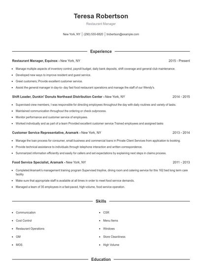 Restaurant Manager Resume