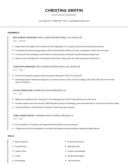 Restaurant Manager Resume