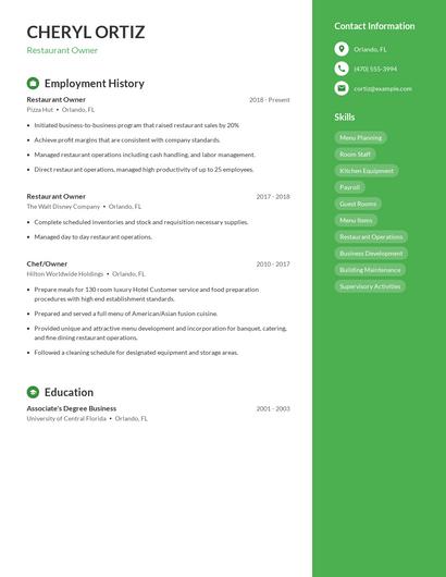 Restaurant Owner Resume