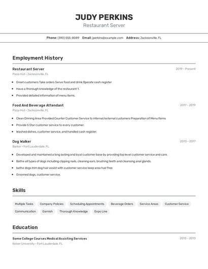 Restaurant Server Resume