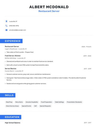 Restaurant Server Resume