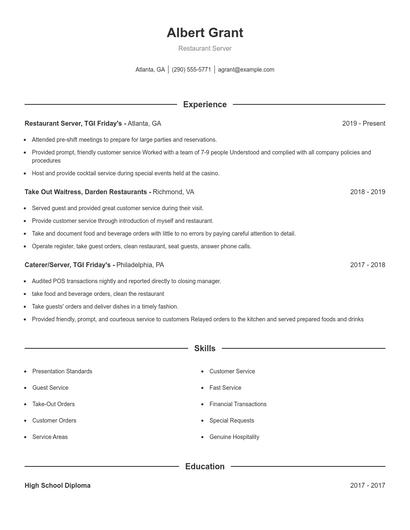 Restaurant Server Resume