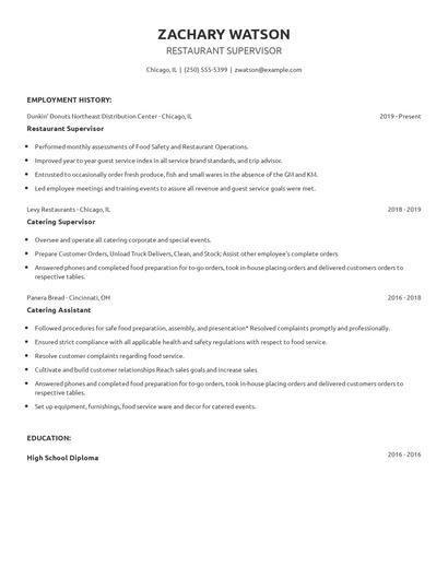 Restaurant Supervisor Resume