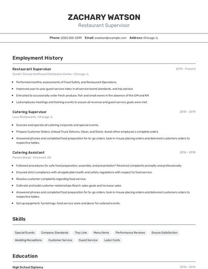 Restaurant Supervisor Resume